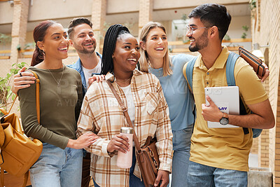Buy stock photo People, students and group of friends in university getting ready for learning. Scholarship, education and happy men and women standing together at school, campus or college, bonding and conversation