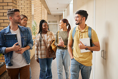 Buy stock photo Education, diversity and students walking, conversation and collaboration for group project, research and college. Young people, friends and academics in hallway, talking and brainstorming for idea