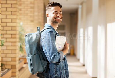 Buy stock photo College education and student portrait with tablet for academic learning, research and studying online. Study, knowledge and Gen Z university man at campus on break in California, USA. 