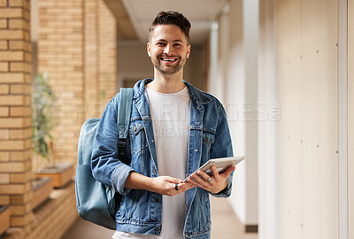 Buy stock photo University portrait and man student with tablet for academic learning, research and studying online. Education, knowledge and Gen Z college learner at campus on break in California, USA. 