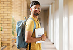 College student portrait, happy man and walking at university with a tablet and backpack to study and learn. Gen z male happy about education, learning and future after studying at school building