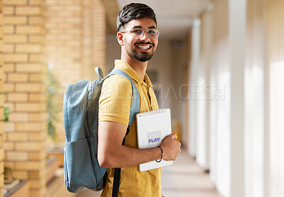 Buy stock photo College student portrait, happy man and walking at university with a tablet and backpack to study and learn. Gen z male happy about education, learning and future after studying at school building