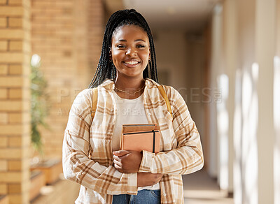 Buy stock photo Face, student portrait and black woman in university ready for learning, goals or targets. Education, scholarship and happy female learner from South Africa with books for studying and knowledge.