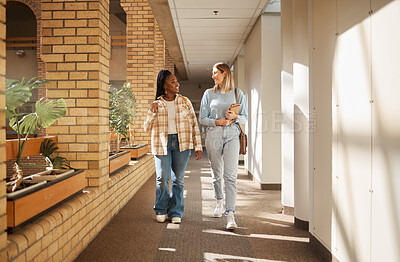 Buy stock photo University, friends and women walking, talking and education in hall, conversation and bonding. Young females, girls and students have discussion, walk and share news on campus and happiness outdoor
