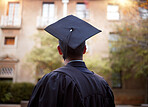Thinking graduate, man or vision on university campus, college event or school graduation ceremony and future goals. Graduation cap, robe or student with education, learning or employment innocation