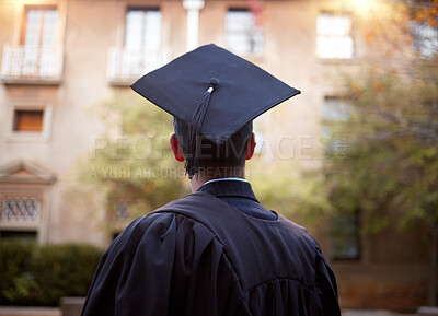 Buy stock photo Thinking graduate, man or vision on university campus, college event or school graduation ceremony and future goals. Graduation cap, robe or student with education, learning or employment opportunity