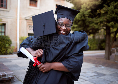 Buy stock photo Black people, hug and celebration in graduation ceremony, university degree success or school diploma goals. Smile, happy friends and graduate students in embrace on college campus or education event