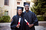Black people, portrait or graduation diploma in school ceremony, university degree success or college degree goals. Smile, happy friends or graduate students on education campus for certificate event