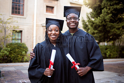 Buy stock photo Black people, portrait or graduation diploma in school ceremony, university degree success or college certificate goals. Smile, happy friends or graduate students on education campus for award event