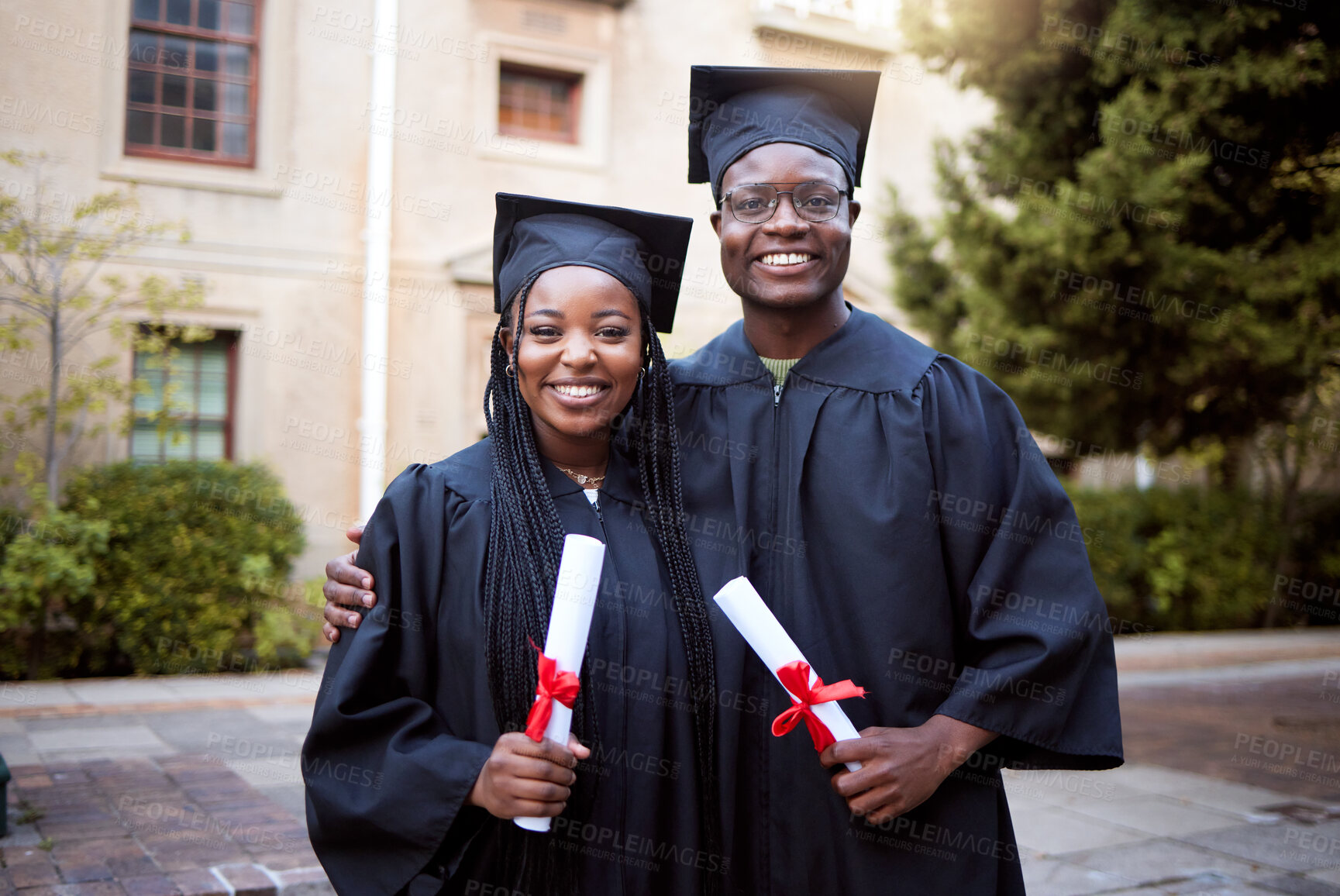 Buy stock photo Black people, portrait or graduation diploma in school ceremony, university degree success or college certificate goals. Smile, happy friends or graduate students on education campus for award event