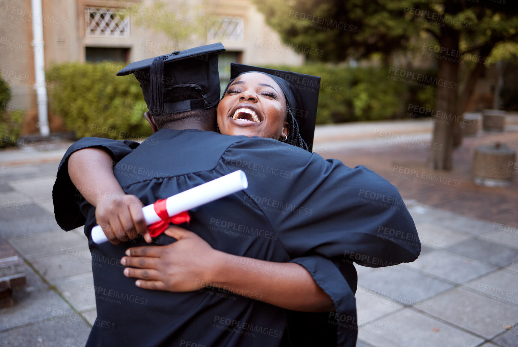 Buy stock photo Education, students and hug for graduation, celebration and happiness outdoor, smile and success. Knowledge, man and woman with achievement, degree and embrace for university completion and diploma