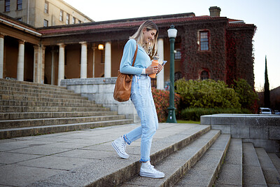 Buy stock photo Woman, student on campus stairs and college, education with learning and academic goals with scholarship outdoor. Walking, study and happy person with success, university life and studying for growth