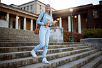 Woman, student on campus stairs and university, education with learning and academic goals with scholarship outdoor. Books for reading, study and happy person with success, college life and studying