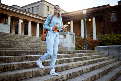 Buy stock photo Woman, student on campus stairs and university, education with learning and academic goals with scholarship outdoor. Books for reading, study and happy person with success, college life and studying