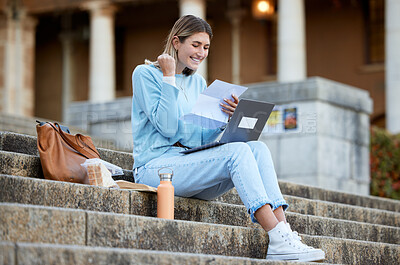 Buy stock photo Wow, success or excited college student with news, results or report feedback at university campus steps. Celebration, education or happy school girl reading exam paper marks or test score with pride
