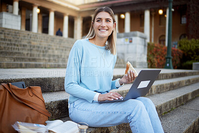 Buy stock photo College, study and food with woman and laptop for education, lunch break and academy research. University, knowledge and goal with girl student and sandwich on stairs of campus for relax and learning