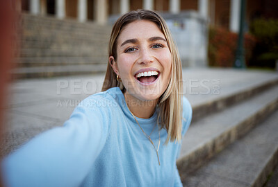 Buy stock photo Student, selfie and girl with a smile of education building stairs with happiness for social media. Happy, woman and school of a person on university, college and campus steps on a phone with youth