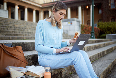 Buy stock photo College, learning and food with woman and laptop for education, lunch break and academy research. University, knowledge and goal with girl student and sandwich on stairs of campus for relax and study
