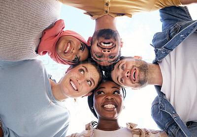Buy stock photo Diversity, partnership or happy students with goals, educational community or hope for future success. Faces, funny or school friends on university or college campus with a group mission or vision 