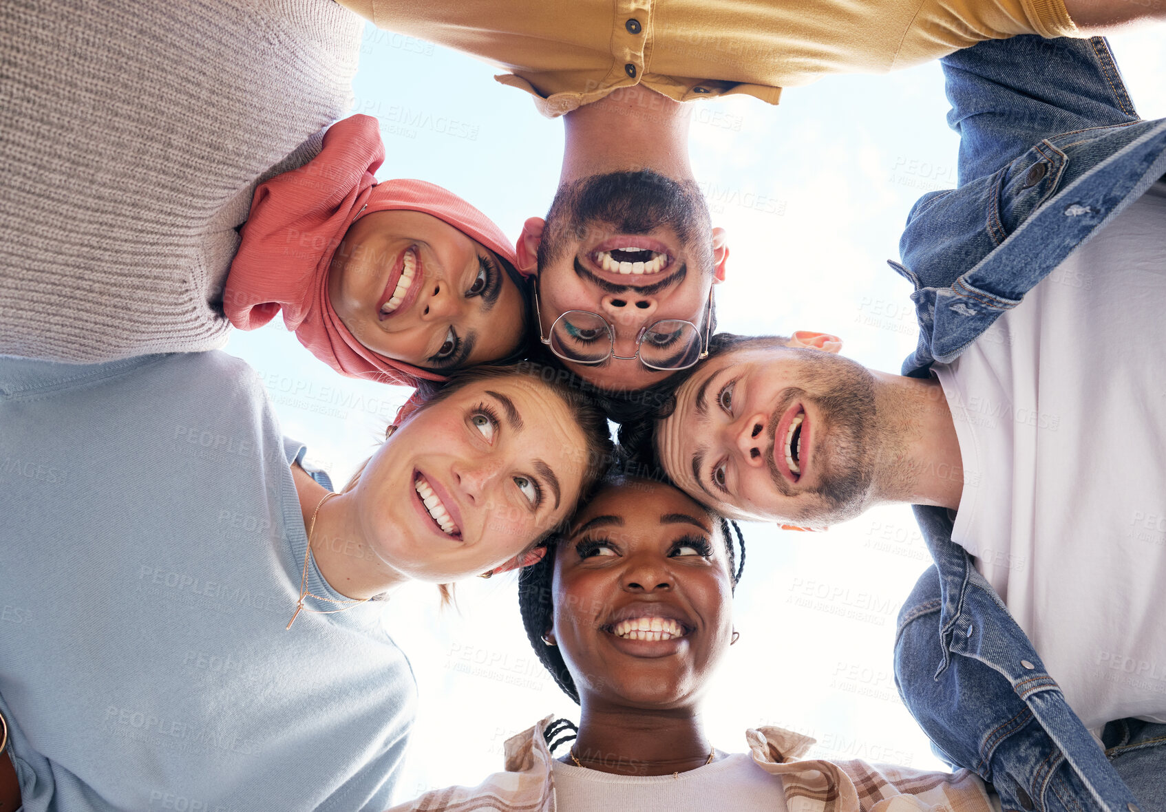 Buy stock photo Diversity, partnership or happy students with goals, educational community or hope for future success. Faces, funny or school friends on university or college campus with a group mission or vision 
