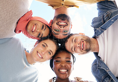 Buy stock photo Diversity, portrait or happy students in huddle or educational community for future success together. Heads, team work or school friends on university or college campus with a group mission or vision