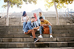 Relax, phone or students on steps at lunch break talking or speaking of future goals or education on campus. Social media, school or happy friends in university or college bonding in fun conversation