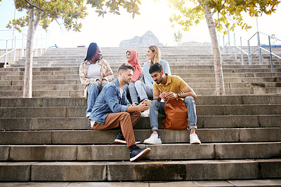 Buy stock photo Relax, phone or students on steps at lunch break talking or speaking of future goals or education on campus. Social media, school or happy friends in university or college bonding in fun conversation