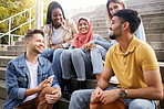 Relax, diversity or students on steps at break talking or speaking of goals, education or future plan. Diversity, school or happy friends in university or college bonding in a fun social conversation