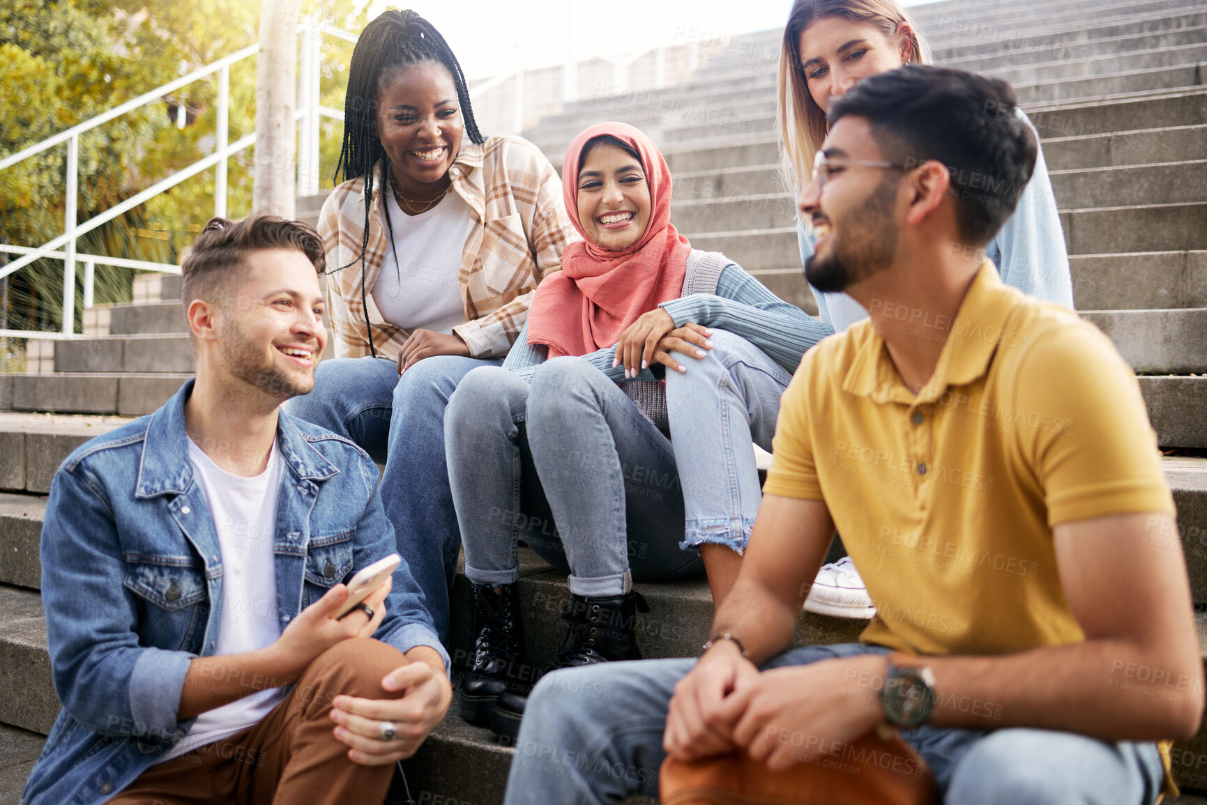 Buy stock photo Relax, diversity or students on steps at break talking or speaking of goals, education or future plan. Group, school or happy friends in university or college bonding in a fun social conversation