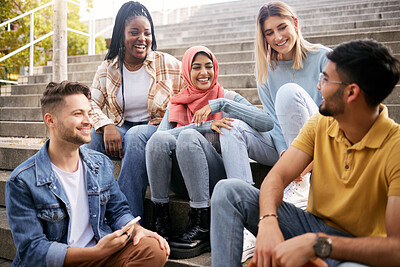 Buy stock photo Relax, happy or students on steps at break talking or speaking of future goals or education. Diversity, school or funny friends in university laughing or bonding in conversation on college campus