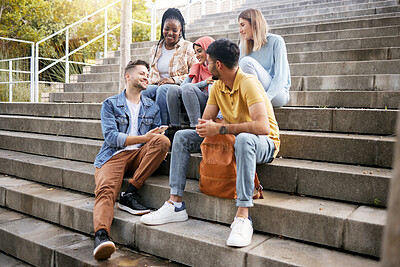 Buy stock photo Relax, friends or students on steps at lunch break talking or speaking of goals, education or future. Diversity, school or happy young people in university or college bonding in social conversation