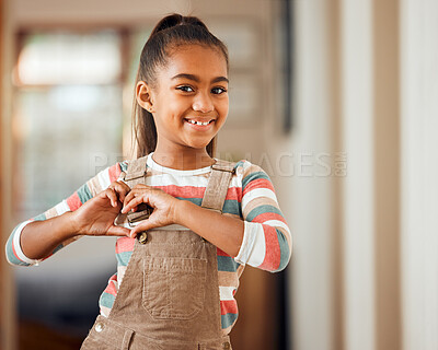 Buy stock photo African child, smile and heart hands for happiness, love and cool kids empowerment or support motivation. Black girl, happy portrait and casual emoji or hand gesture for positive mindset energy 