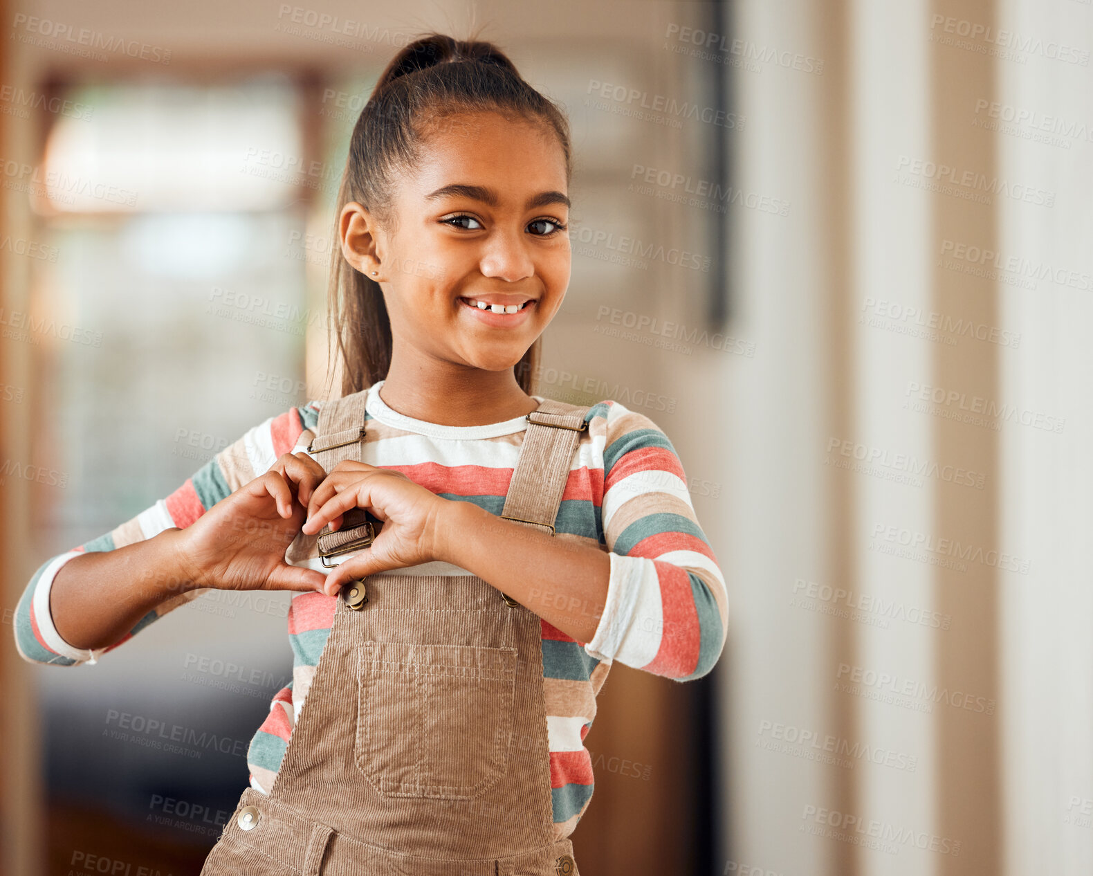 Buy stock photo African child, smile and heart hands for happiness, love and cool kids empowerment or support motivation. Black girl, happy portrait and casual emoji or hand gesture for positive mindset energy 