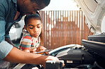 Father, child and car problem with a tablet for diagnostic software for mechanic repair of family vehicle outdoor. Black man and daughter or girl learning while working on engine using online tools
