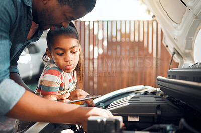 Buy stock photo Father, tablet and child learning about car problem with diagnostic software for mechanic repair. Black man and daughter or girl bonding while working on engine using online tools for family vehicle
