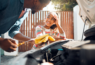 Buy stock photo Car problem, child and dad working as a mechanic while teaching daughter to change motor oil and fix vehicle. Black man and girl kid learning, talking and bonding while busy on engine for transport 