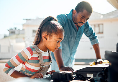 Buy stock photo Black man, car problem and teaching child mechanic repair to fix family vehicle outdoor in neighborhood. Dad and daughter or girl learning, bonding and working on engine after accident or road trip 