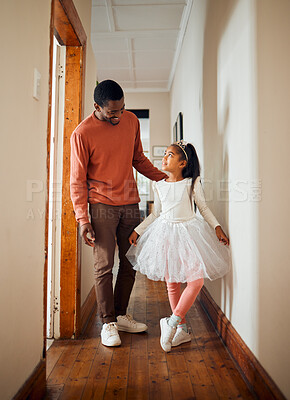Buy stock photo Family, princess and father with daughter in their home for dance, fun and playing indoors together. Black man, girl and parent bonding while dancing to music in their house, happy and smile 