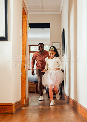 Buy stock photo Family, father and daughter running in a house, smile and happy while playing game together. Princess, girl and parent having fun in home, ballerina and crazy indoors with happiness, bond and joy