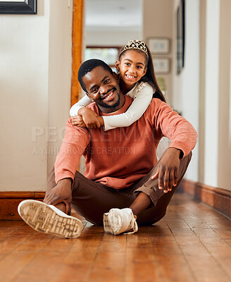 Buy stock photo Portrait, hug and family by father and daughter in their home, relax and smile while bonding indoors. Black man, embrace and girl with parent on a floor, cheerful and content in their house