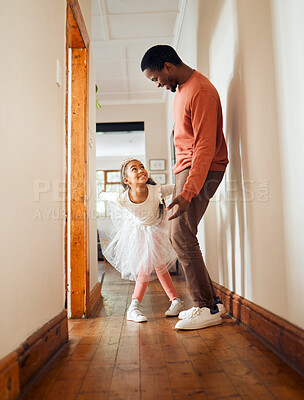 Buy stock photo Dance, happy and ballet with father and daughter learning, support and weekend bonding. Princess, teaching and music with dad and girl in black family home for freedom, wellness and carefree helping