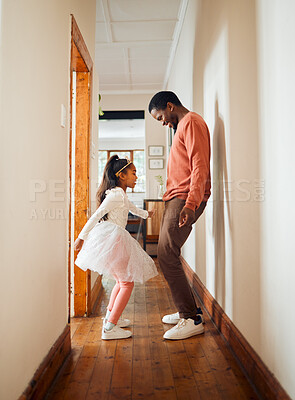 Buy stock photo Dance, happy and ballet with father and daughter learning, support and carefree bonding. Princess, teaching and music with dad and girl in black family home for freedom, wellness and helping