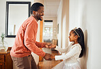 Dance, happy and ballet with father and daughter holding hands for learning, support and bonding. Princess, teaching and music with dad and girl in black family home for freedom, wellness and helping