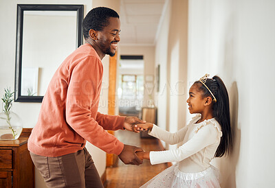 Buy stock photo Dance, happy and ballet with father and daughter holding hands for learning, support and bonding. Princess, teaching and music with dad and girl in black family home for freedom, wellness and helping