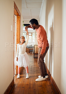 Buy stock photo Dance, happy and ballet father and daughter holding hands for learning, support and bonding. Princess, teaching and music with dad and girl in black family home for freedom, wellness and helping