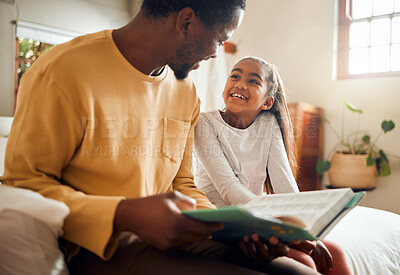Buy stock photo Father, child and book for story time on bed with smile enjoying reading or listening and bonding together at home. Happy dad and daughter sitting with textbook for learning or education in bedroom
