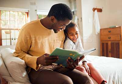 Buy stock photo Father storytelling, child reading and family love for language learning and bonding in bedroom. Happy people, dad and smart girl with book for creative support, education help and home teaching