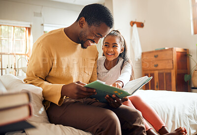 Buy stock photo Black family, father reading to child and bonding love, storytelling and language learning in bedroom. Happy  people, dad and girl kid with book for creative knowledge, education and home teaching