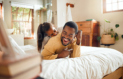 Buy stock photo Happy, relax and father and daughter in bedroom playing for bonding, support and affectionate. Smile, happiness and laugh with dad and child on bed in family home for care, quality time and playful