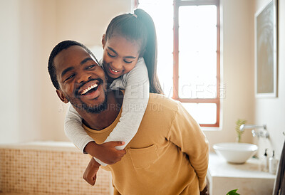 Buy stock photo Father, child or black family laughing in happy home with love, care and support while in bathroom. Man and girl kid for a piggy back ride with a smile, energy and hug for safety, health and wellness